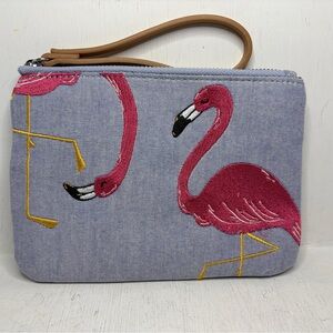 New Flamingo Denim Wristlet Pouch